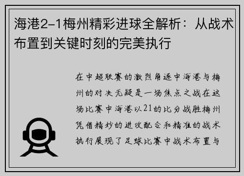 海港2-1梅州精彩进球全解析:从战术布置到关键时刻的完美执行