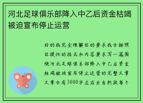 河北足球俱乐部降入中乙后资金枯竭被迫宣布停止运营 河北足球俱乐部降入中乙后资金枯竭被迫宣布停止运营